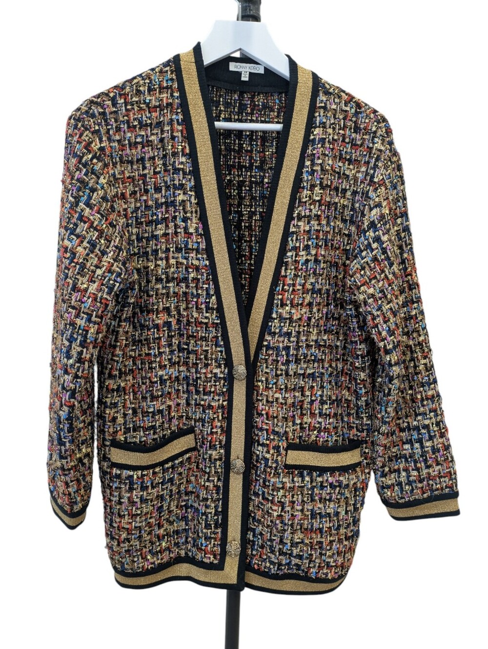 Ronny Kobo Brinn Tweed Cardigan XS Multicolor Gold Trim Button Front Jacket